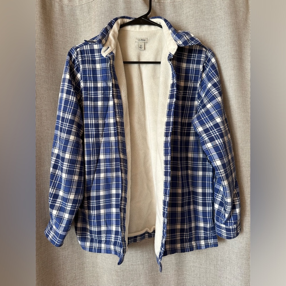 L.L. Bean•women’s Sherpa-lined flannel•XSP•blue & white plaid•100% cotton•fleece
